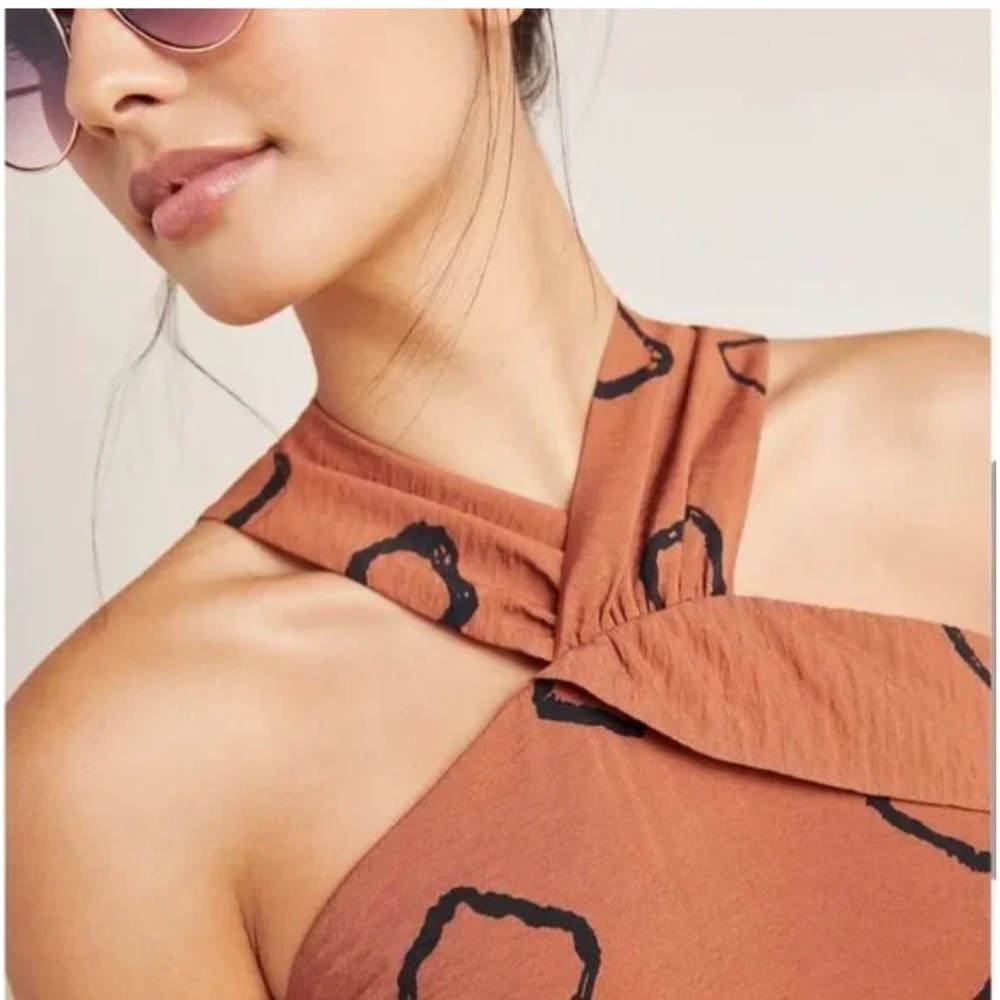 Anthropologie Rust Orange Geometric Twist-Halter Jumpsuit - Picture 3 of 8